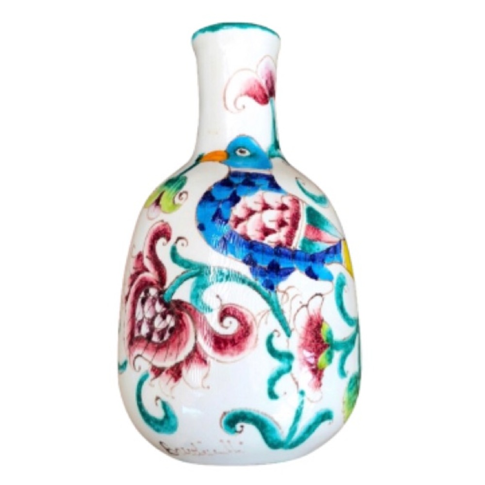 Baudiuelli Signed Italian Pottery Faience Bird/Floral Vase Vintage Midcentury